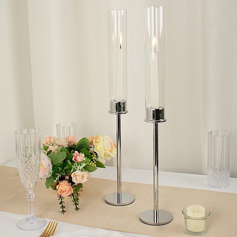 2 Metal Taper Candlestick Holder with Glass Centerpieces