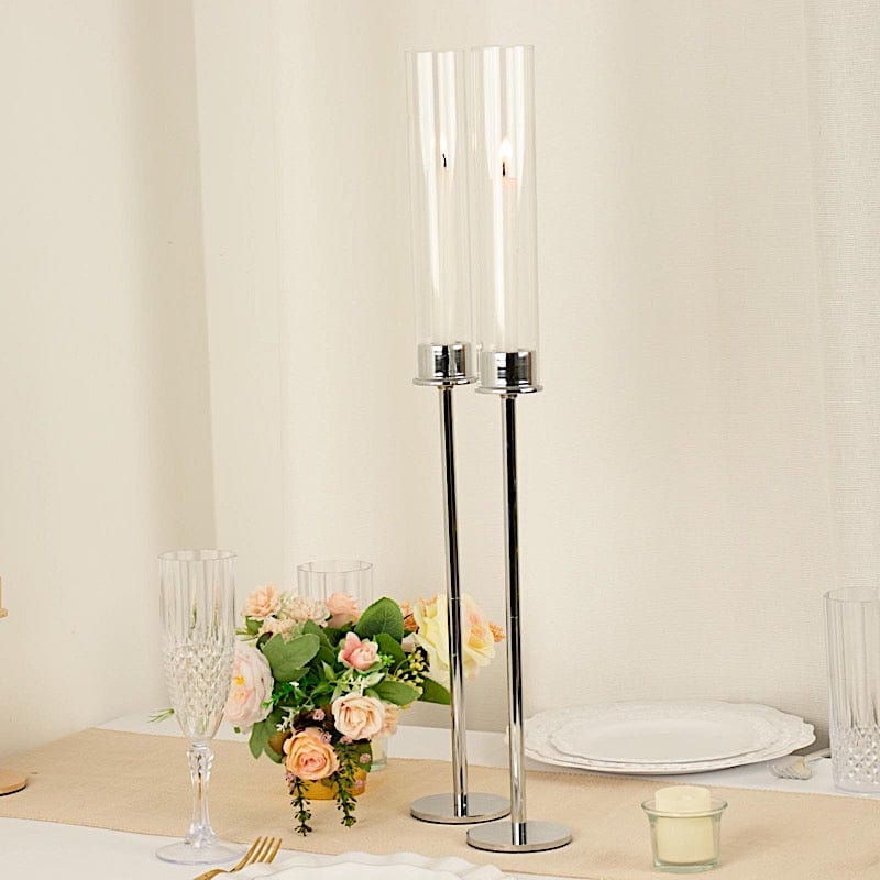 2 Metal Taper Candlestick Holder with Glass Centerpieces