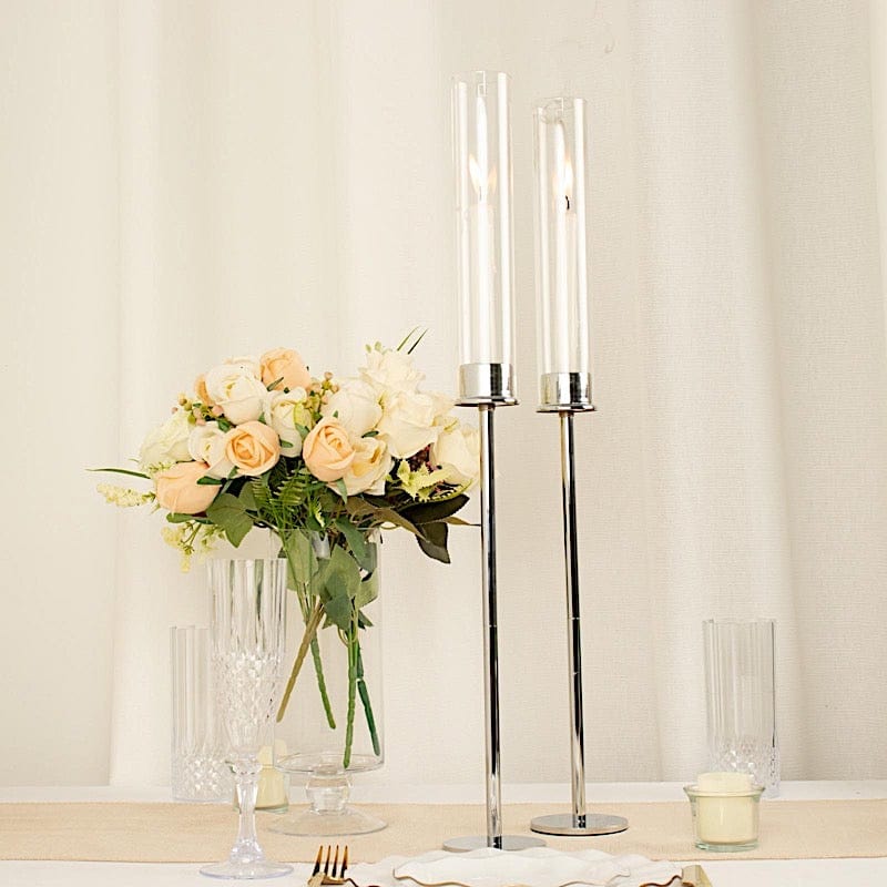 2 Metal Taper Candlestick Holder with Glass Centerpieces