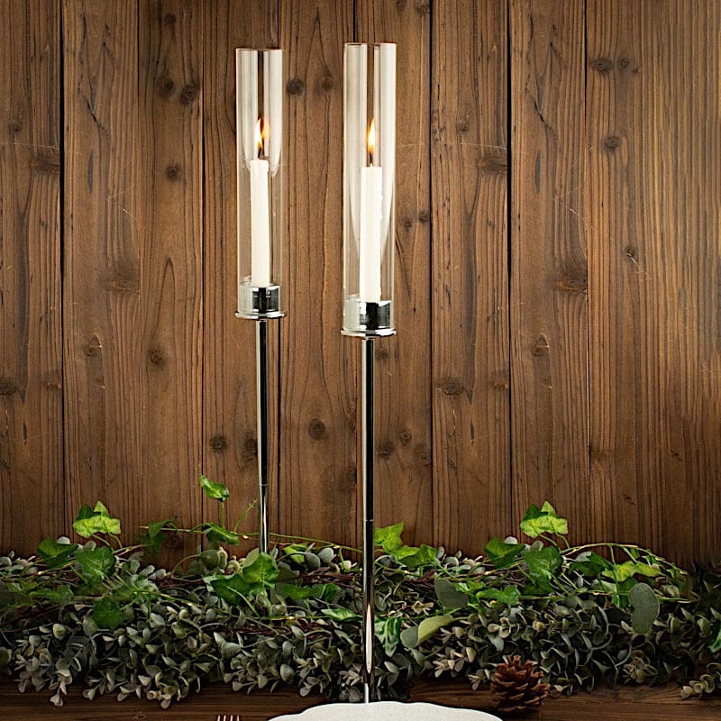 2 Metal Taper Candlestick Holder with Glass Centerpieces