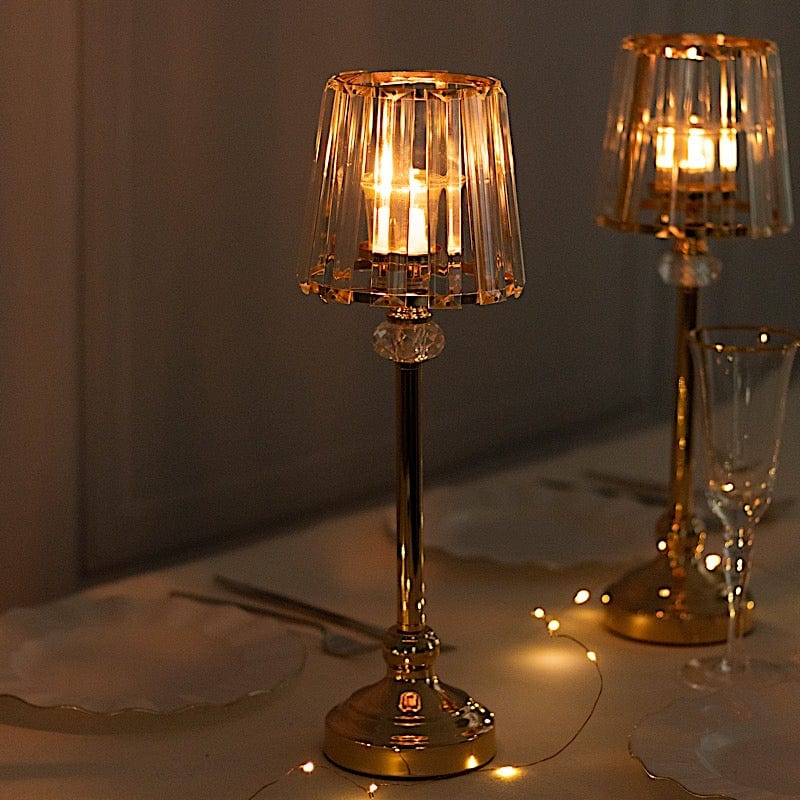 2 Metal Votive Candle Holders with Crystal Glass Lamp Shade - Gold and Clear
