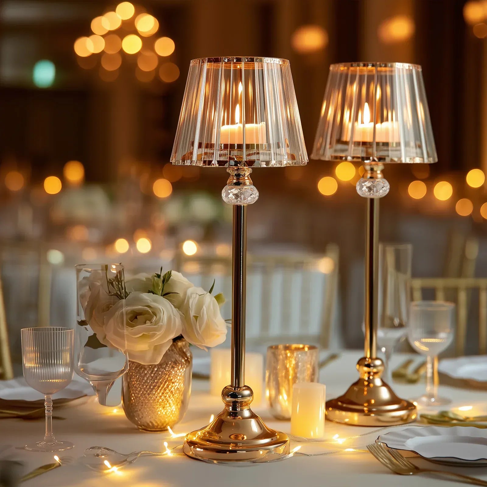 2 Metal Votive Candle Holders with Crystal Glass Lamp Shade - Gold and Clear CHDLR_CAND_036_25_GOLD