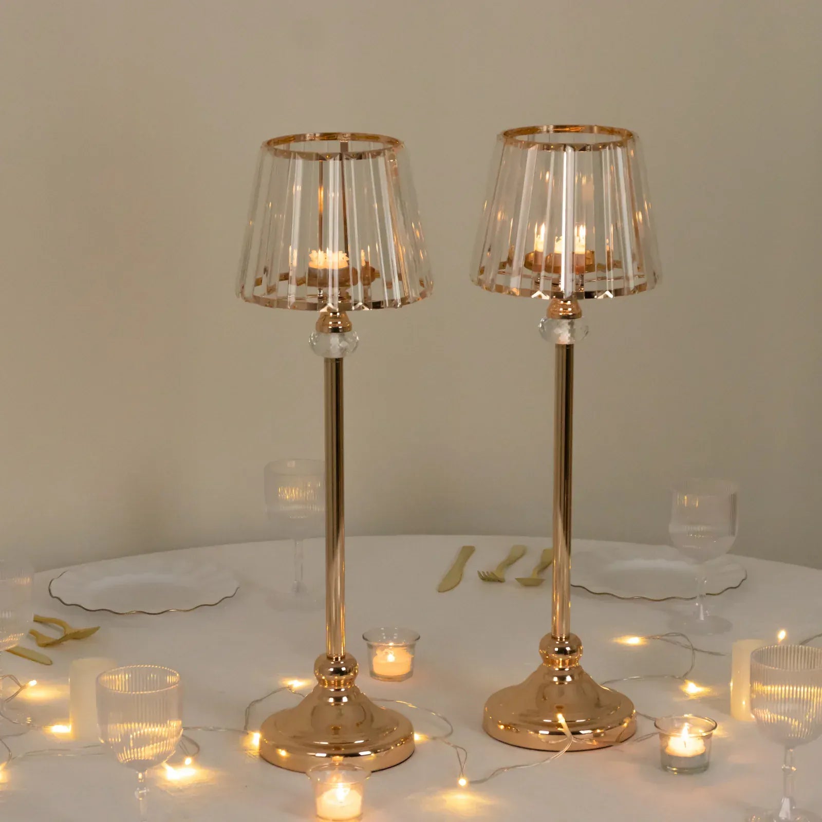 2 Metal Votive Candle Holders with Crystal Glass Lamp Shade - Gold and Clear CHDLR_CAND_036_25_GOLD