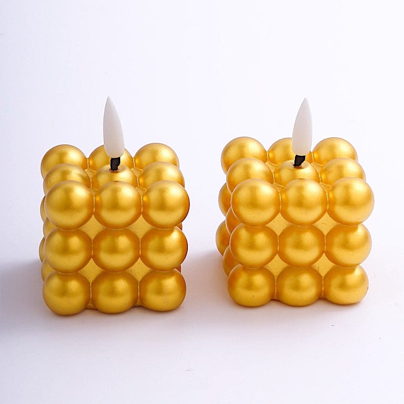 2 Metallic 2" Bubble Cube Flameless LED Candles Decorative Centerpieces - Gold LED_CAND_PLP12_2_GOLD