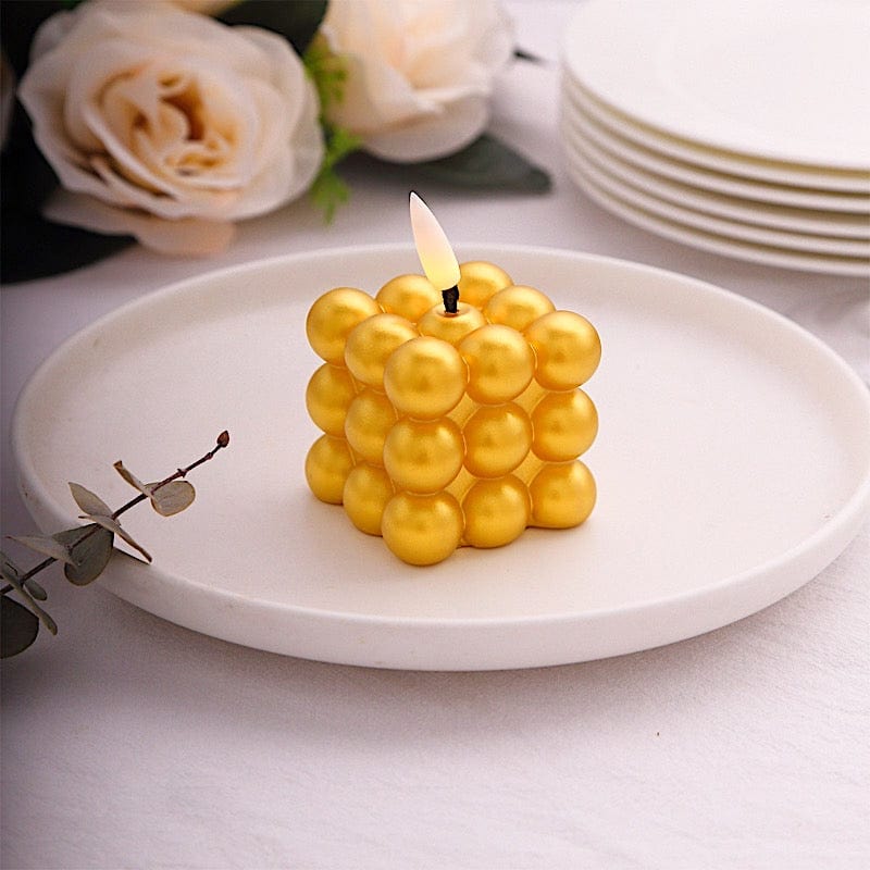 2 Metallic 2" Bubble Cube Flameless LED Candles Decorative Centerpieces - Gold LED_CAND_PLP12_2_GOLD