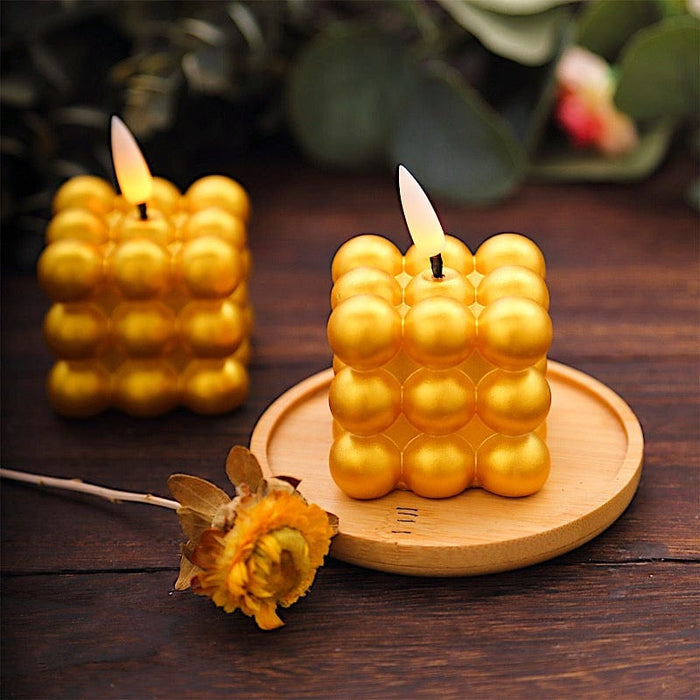 2 Metallic 2" Bubble Cube Flameless LED Candles Decorative Centerpieces - Gold LED_CAND_PLP12_2_GOLD
