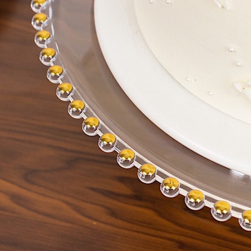 2 Pack 13" Round Plastic Pedestal Cake Stands with Gold Beaded Rim - Clear CAKE_PLST_R4239_1T_CLGD