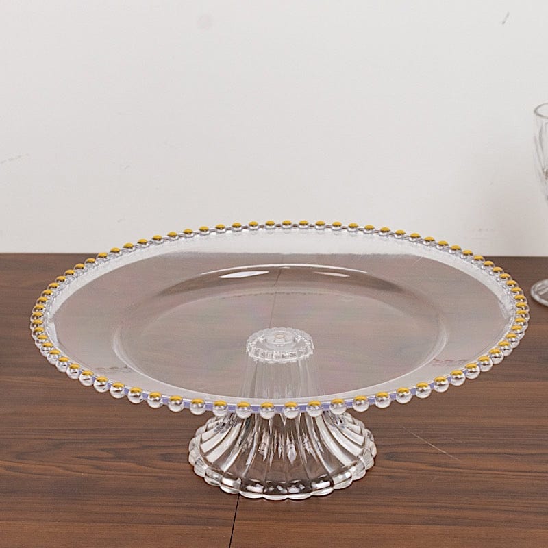 2 Pack 13" Round Plastic Pedestal Cake Stands with Gold Beaded Rim - Clear CAKE_PLST_R4239_1T_CLGD