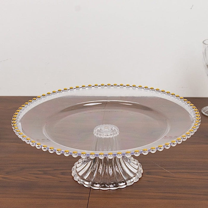 2 Pack 13" Round Plastic Pedestal Cake Stands with Gold Beaded Rim - Clear CAKE_PLST_R4239_1T_CLGD