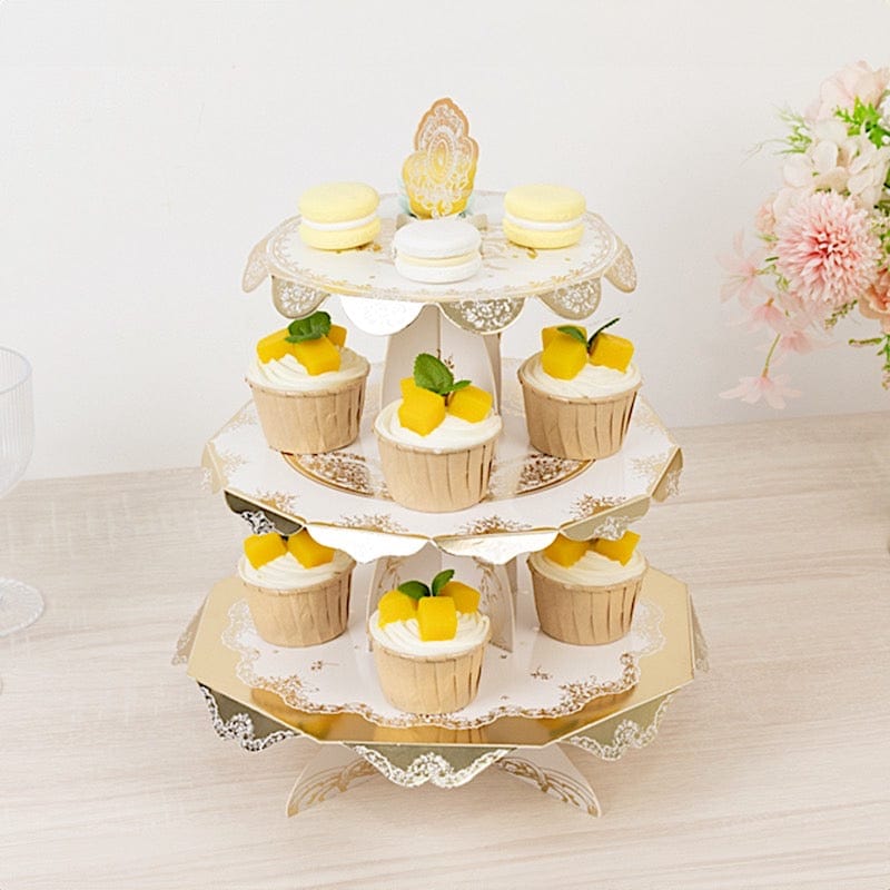 2 Pack 15" tall 3 Tier Round Cupcake Stands with Vintage Floral Pattern - White and Gold CAKE_CARB013_GOLD