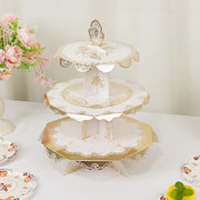 2 Pack 15" tall 3 Tier Round Cupcake Stands with Vintage Floral Pattern - White and Gold CAKE_CARB013_GOLD
