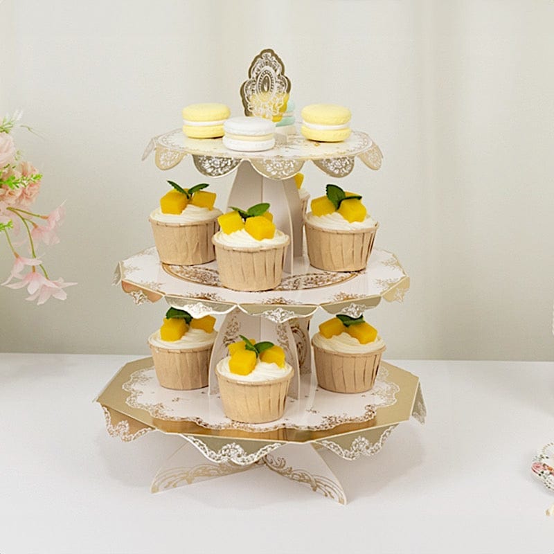 2 Pack 15" tall 3 Tier Round Cupcake Stands with Vintage Floral Pattern - White and Gold CAKE_CARB013_GOLD
