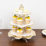 2 Pack 15" tall 3 Tier Round Cupcake Stands with Vintage Floral Pattern - White and Gold CAKE_CARB013_GOLD