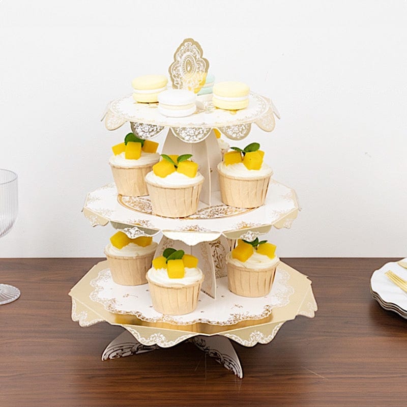 2 Pack 15" tall 3 Tier Round Cupcake Stands with Vintage Floral Pattern - White and Gold CAKE_CARB013_GOLD