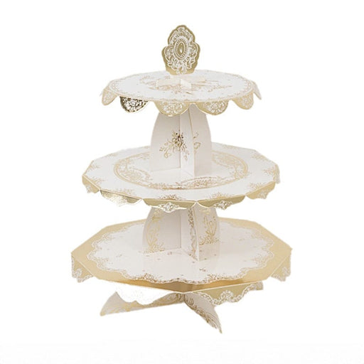 2 Pack 15" tall 3 Tier Round Cupcake Stands with Vintage Floral Pattern - White and Gold CAKE_CARB013_GOLD