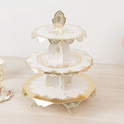 2 Pack 15" tall 3 Tier Round Cupcake Stands with Vintage Floral Pattern - White and Gold CAKE_CARB013_GOLD