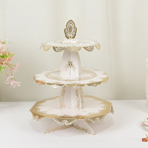 2 Pack 15" tall 3 Tier Round Cupcake Stands with Vintage Floral Pattern - White and Gold CAKE_CARB013_GOLD