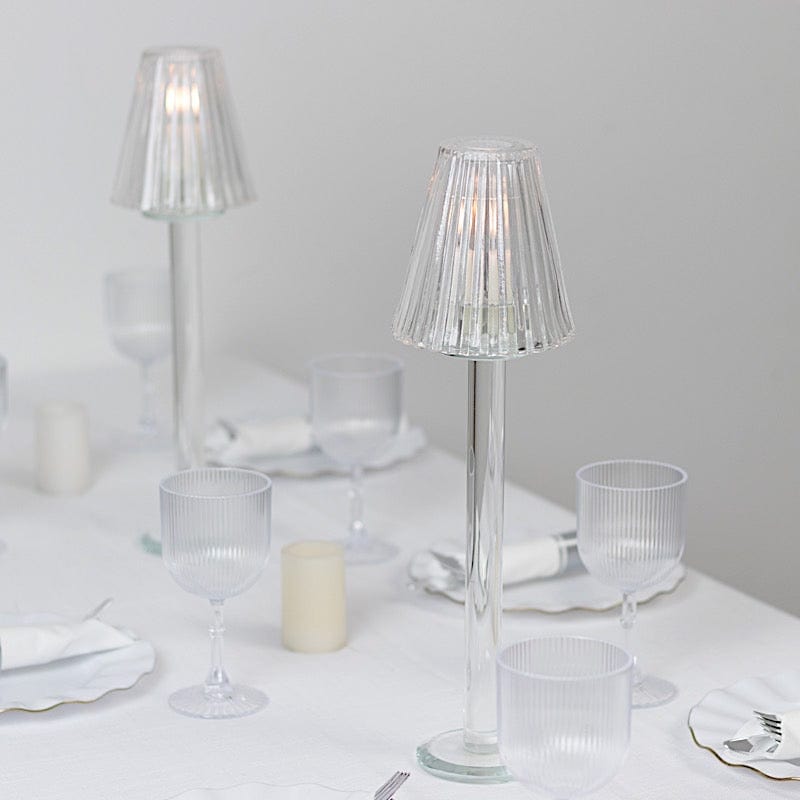 2 Pack 17" Crystal Glass Tealight Taper Candle Stands in Ribbed Vintage Table Lamp Shape - Clear CHDLR_CAND_038_1L_CLR