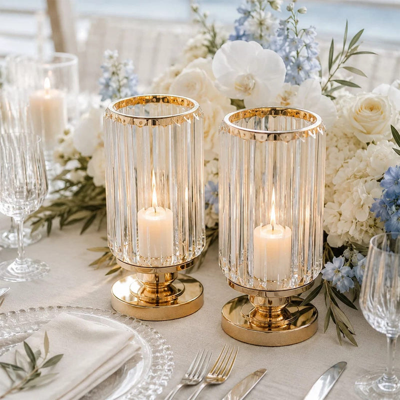 2 Pack 8.5" Crystal Pendant Hurricane Candle Holders - Gold CHDLR_CAND_042R_9_GOLD
