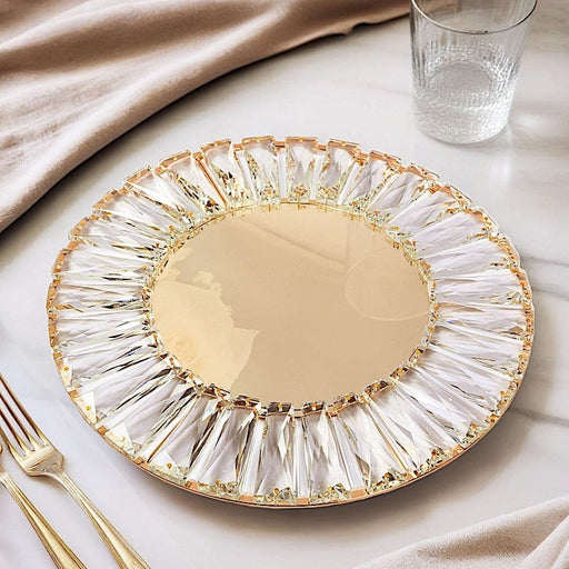 2 pcs 14" Round  Crystal Pendant Metal Charger Plates with Mirror Glass - Gold CHRG_MET0004_14_GOLD
