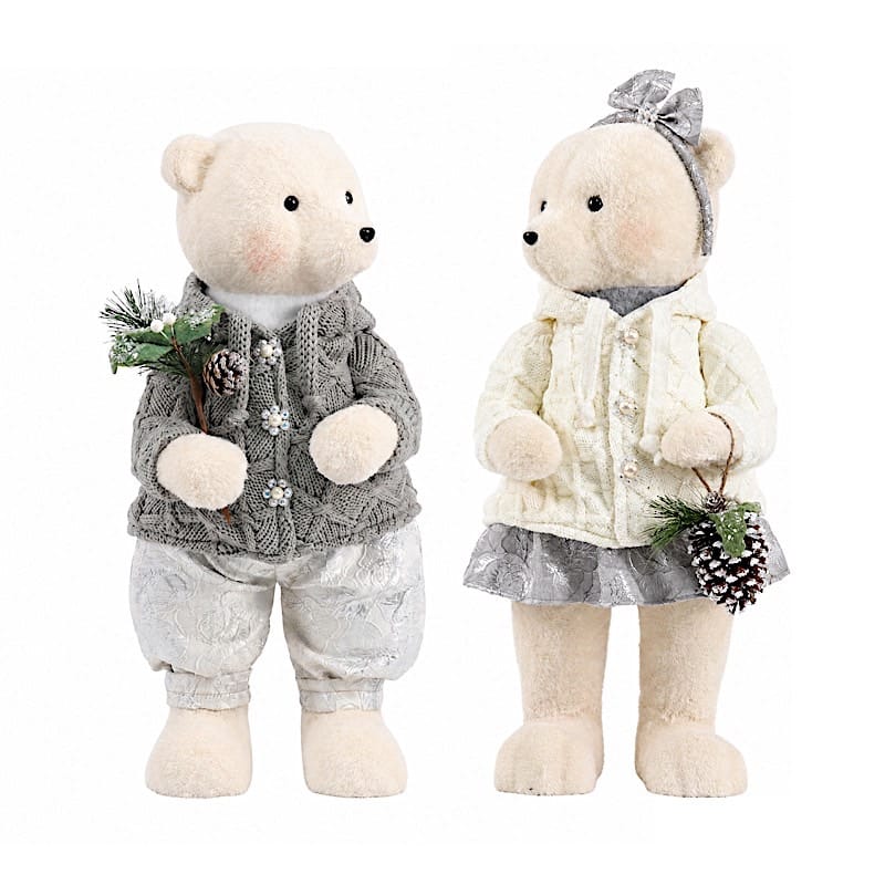 2 pcs 24" Plush Teddy Bear Figurines Boy & Girl with Knit Jackets DECO_XMAS_BEAR02_SET_24_WHTSILV