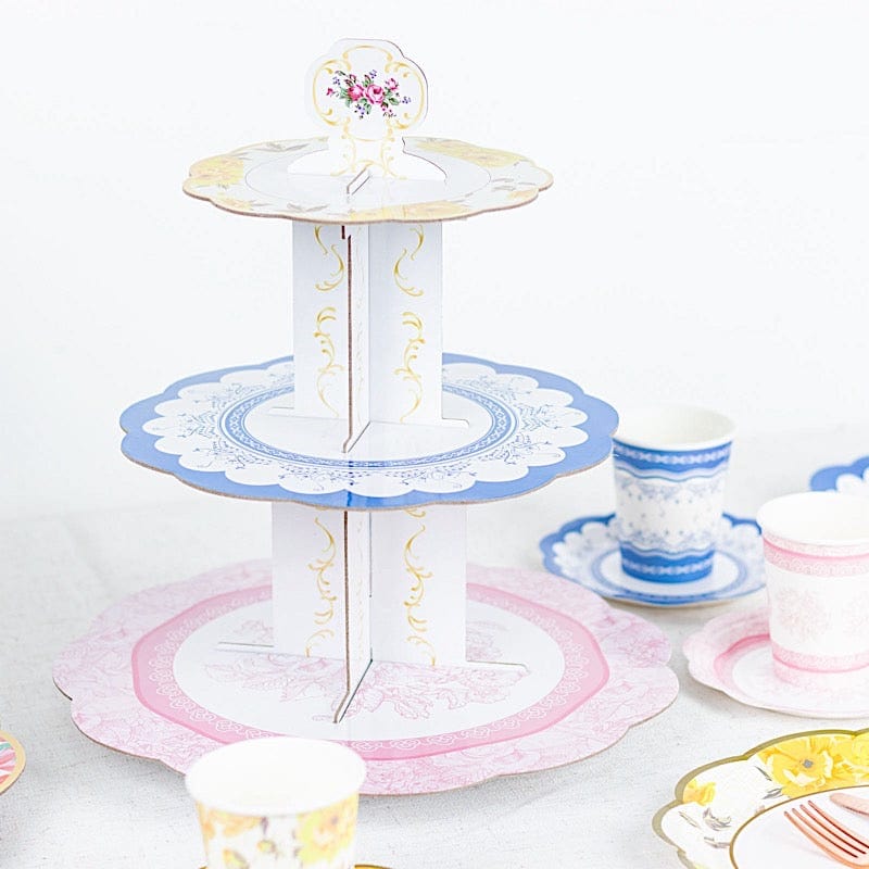 2 pcs 3 Tier 14" Floral Cardboard Dessert Pedestal Display with Scalloped Edges - Assorted CAKE_CARB004_MIX_FLOR