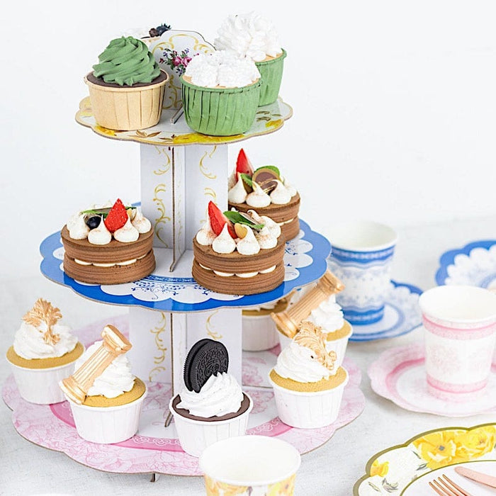 2 pcs 3 Tier 14" Floral Cardboard Dessert Pedestal Display with Scalloped Edges - Assorted CAKE_CARB004_MIX_FLOR