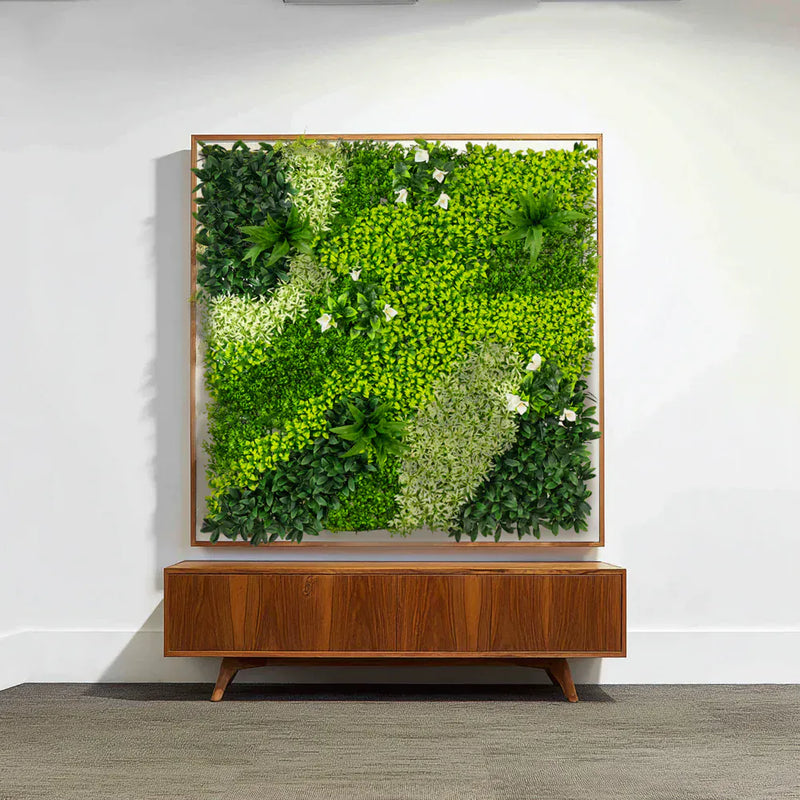 2 pcs 40"×40" Artificial Boxwood Hedge Panels with Variegated Leaves and White Flowers - Green ARTI_PANHD_80X40_GRN02