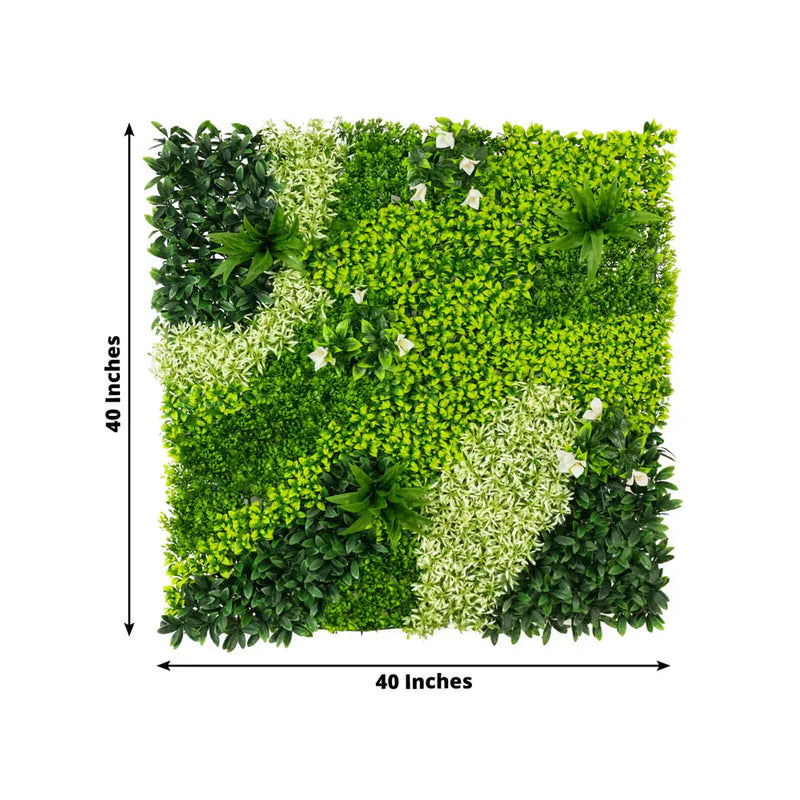 2 pcs 40"×40" Artificial Boxwood Hedge Panels with Variegated Leaves and White Flowers - Green ARTI_PANHD_80X40_GRN02