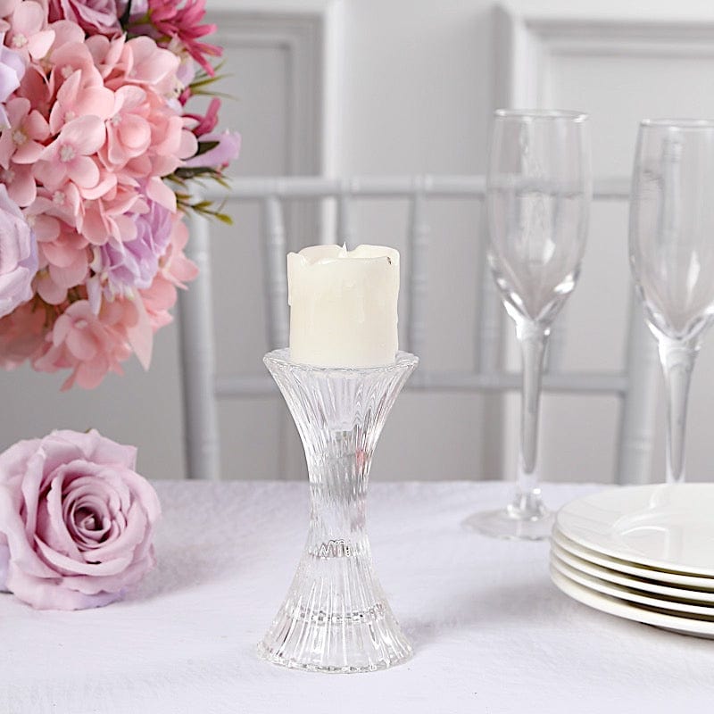 2 pcs 5" Crystal Hour Glass Pillar Candlestick Holders with Diagonal Stripes -Clear CAND_HOLD_TP005_CLR