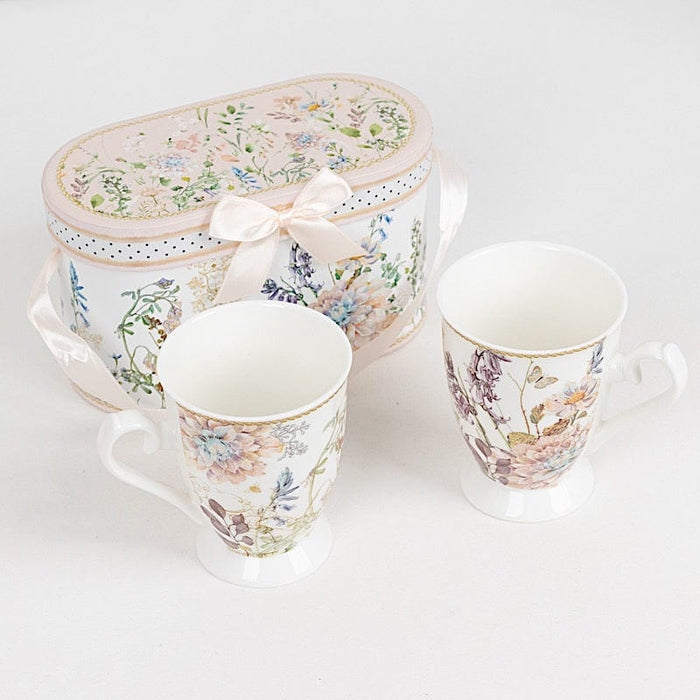 2 Porcelain Coffee Cups with Gift Box and Ribbon Handle