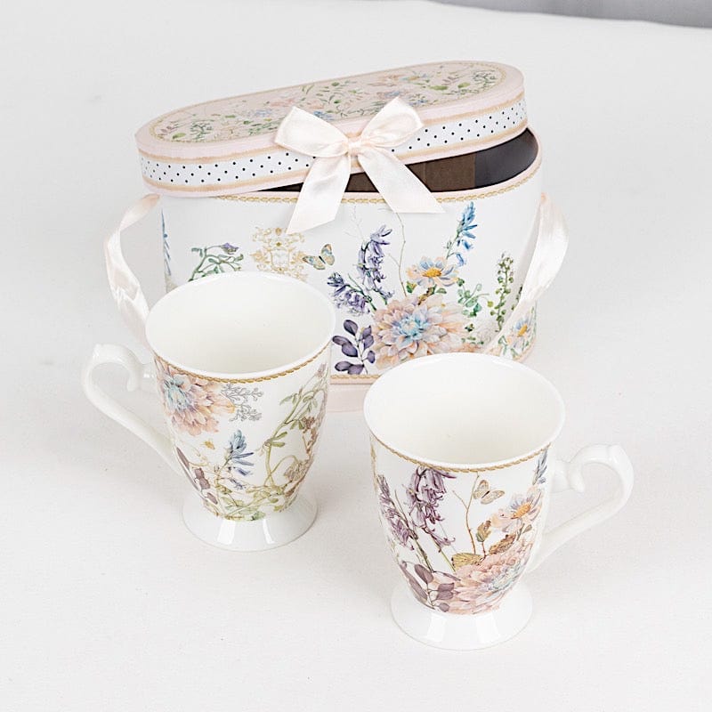 2 Porcelain Coffee Cups with Gift Box and Ribbon Handle