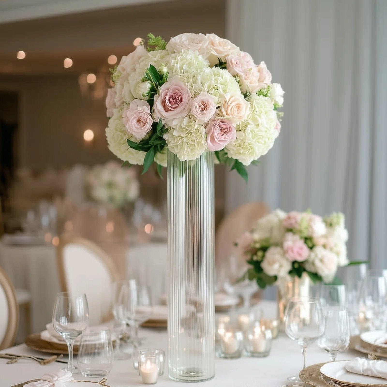 2 Ribbed Cylinder Glass Vases Wedding Centerpieces - Clear