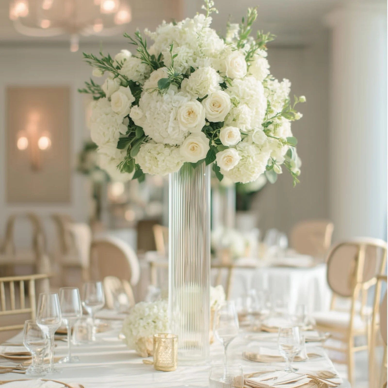 2 Ribbed Cylinder Glass Vases Wedding Centerpieces - Clear