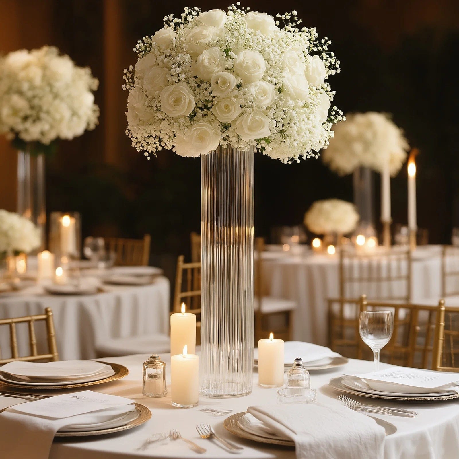 2 Ribbed Cylinder Glass Vases Wedding Centerpieces - Clear