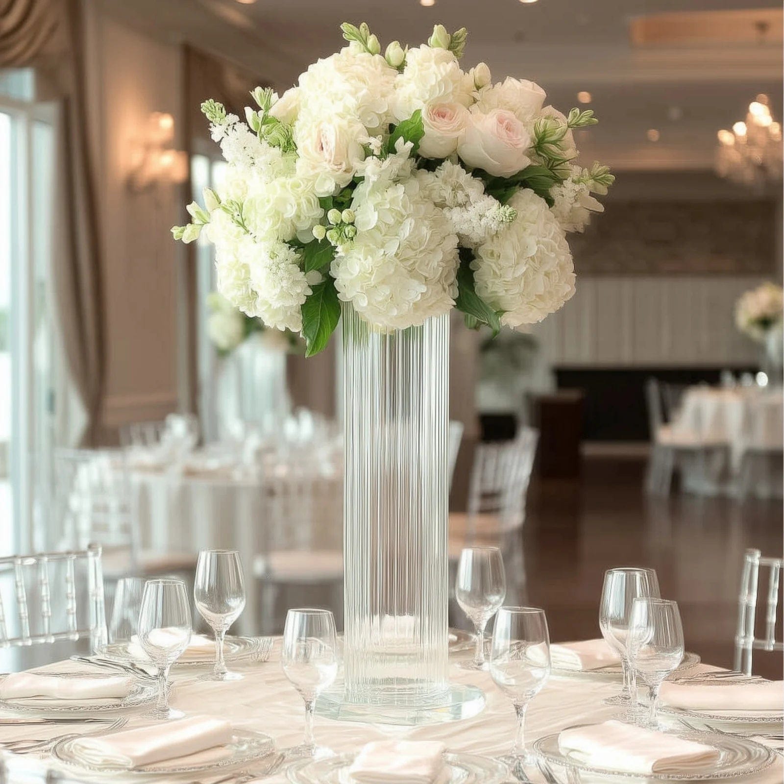 2 Ribbed Cylinder Glass Vases Wedding Centerpieces - Clear