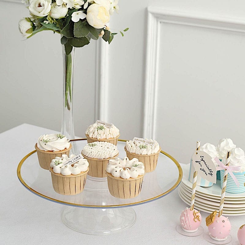 2 Round 12" Plastic Cake Stand Dessert Display Riser with Gold Rim - Clear CAKE_PLST_R012_CLGD