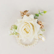 2 Silk Rose Wrist Corsage with Pearls - White ARTI_WED_COR01_WHT