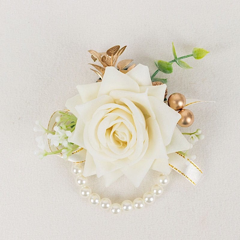 2 Silk Rose Wrist Corsage with Pearls - White ARTI_WED_COR01_WHT