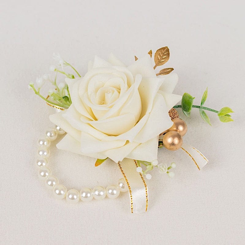 2 Silk Rose Wrist Corsage with Pearls - White ARTI_WED_COR01_WHT