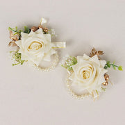 2 Silk Rose Wrist Corsage with Pearls - White ARTI_WED_COR01_WHT
