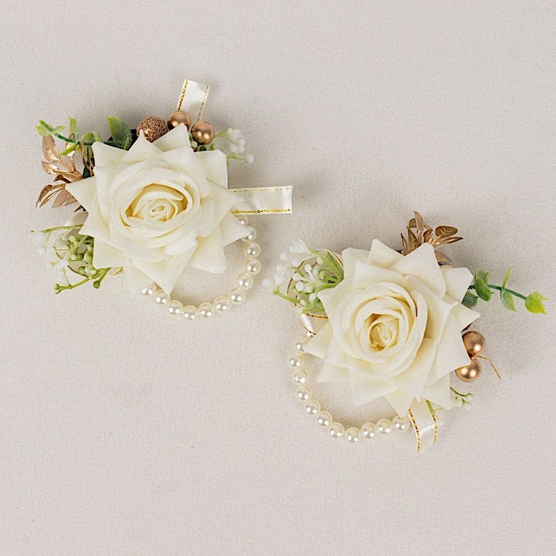 2 Silk Rose Wrist Corsage with Pearls - White ARTI_WED_COR01_WHT