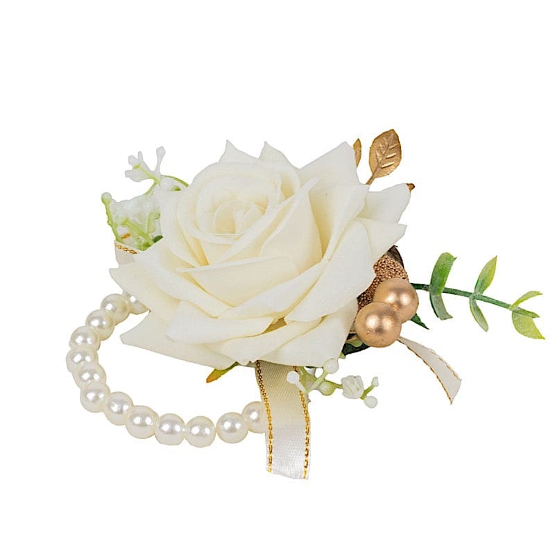2 Silk Rose Wrist Corsage with Pearls - White ARTI_WED_COR01_WHT
