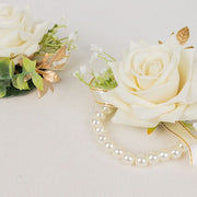 2 Silk Rose Wrist Corsage with Pearls - White ARTI_WED_COR01_WHT