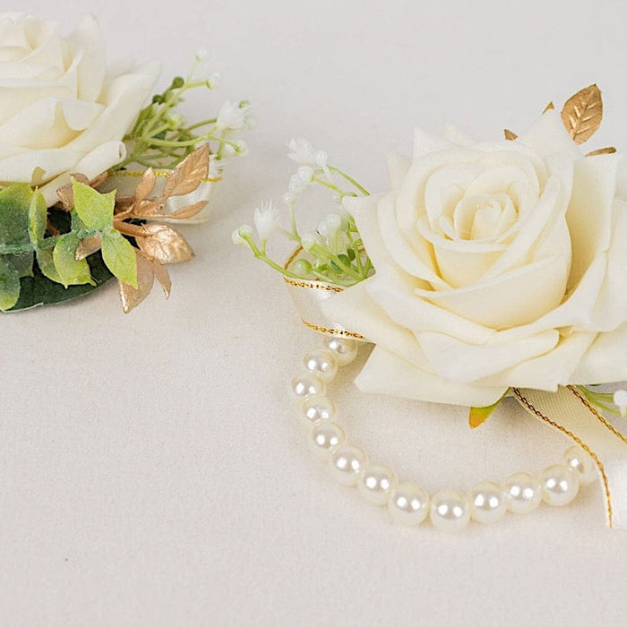 2 Silk Rose Wrist Corsage with Pearls - White ARTI_WED_COR01_WHT