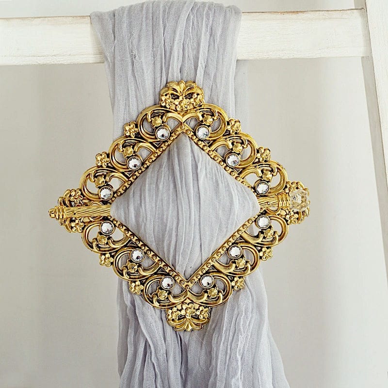 2 Square 7" Barrette Style Acrylic Crystal Curtain Tie Backs - Gold CUR_TIE_006_7_GOLD