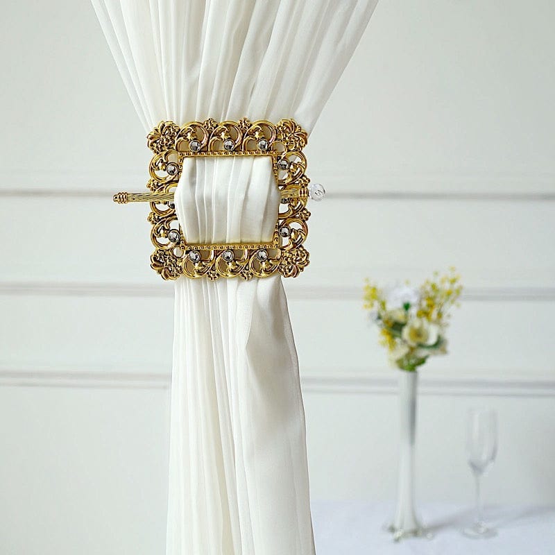 2 Square 7" Barrette Style Acrylic Crystal Curtain Tie Backs - Gold CUR_TIE_006_7_GOLD