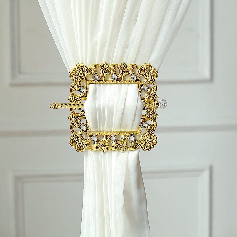 2 Square 7" Barrette Style Acrylic Crystal Curtain Tie Backs - Gold CUR_TIE_006_7_GOLD