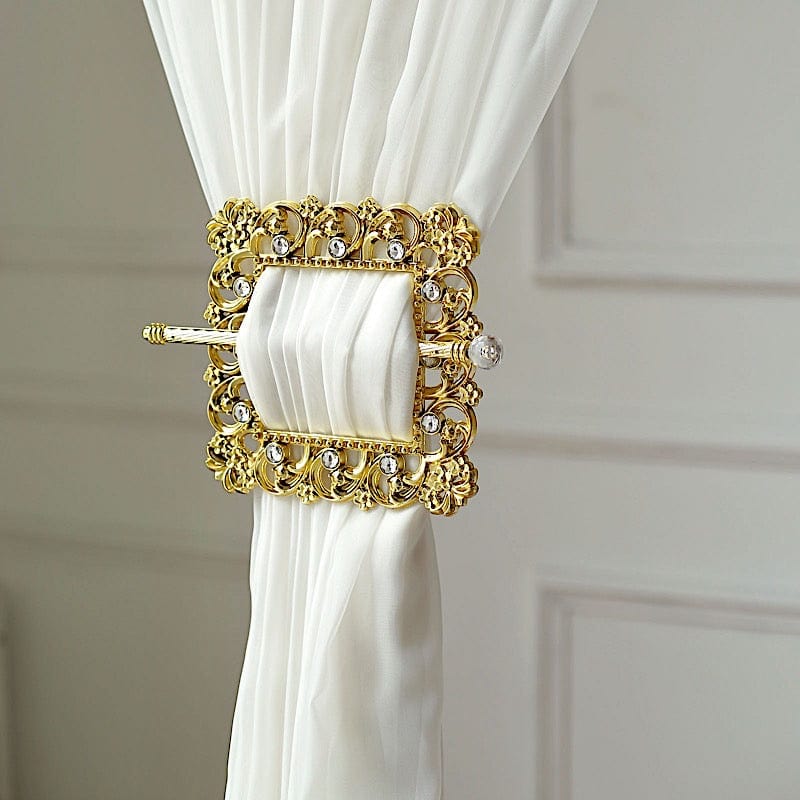 2 Square 7" Barrette Style Acrylic Crystal Curtain Tie Backs - Gold CUR_TIE_006_7_GOLD