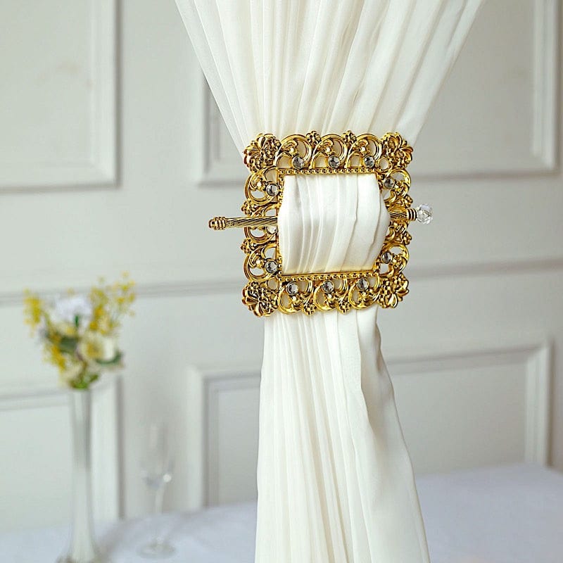 2 Square 7" Barrette Style Acrylic Crystal Curtain Tie Backs - Gold CUR_TIE_006_7_GOLD